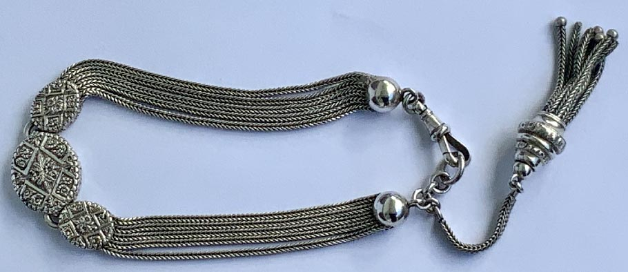 antique Victorian fob watch silver bracelet with tassel tested as .800 silver to .950 silver